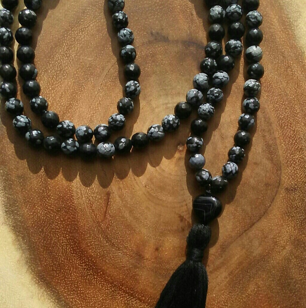 Snowflake obsidian Mala necklace 108 beads